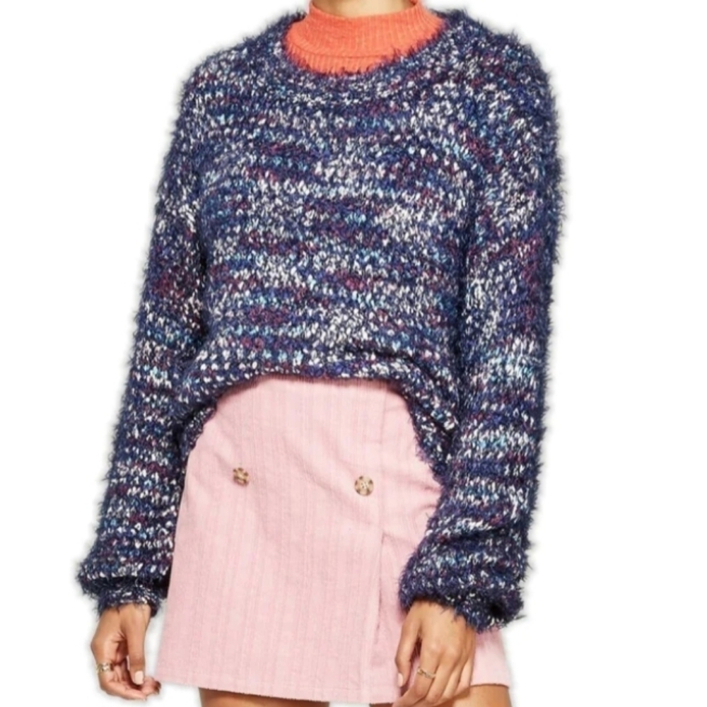 Wild Fable Long Sleeve Crew Neck Sweater Fuzzy Eyelash Navy